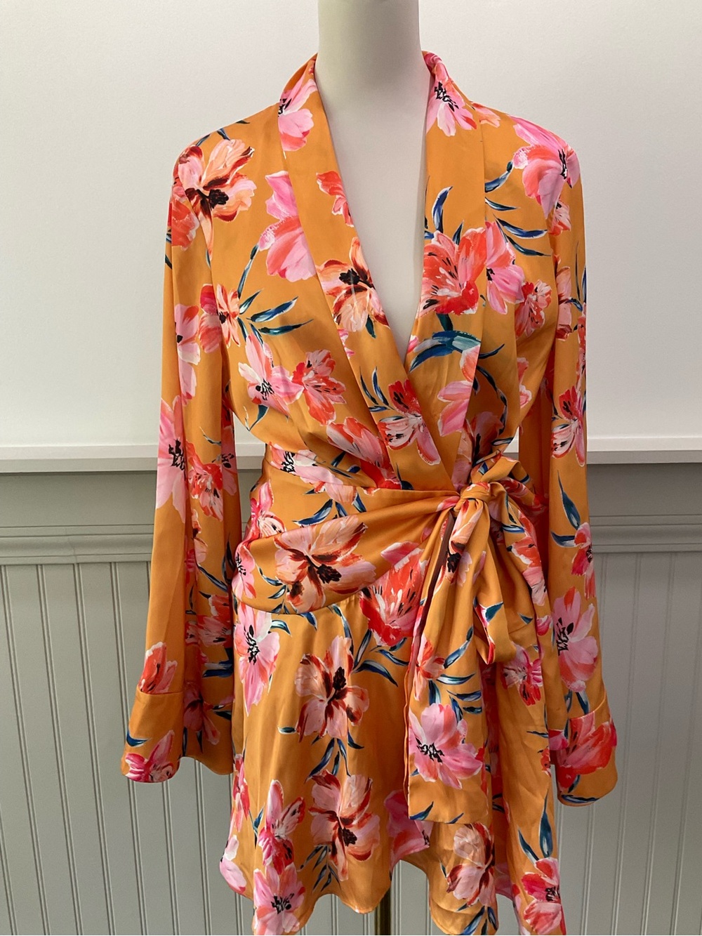 Significant Other Floral Wrap Mini Dress Bell Sleeve US 10